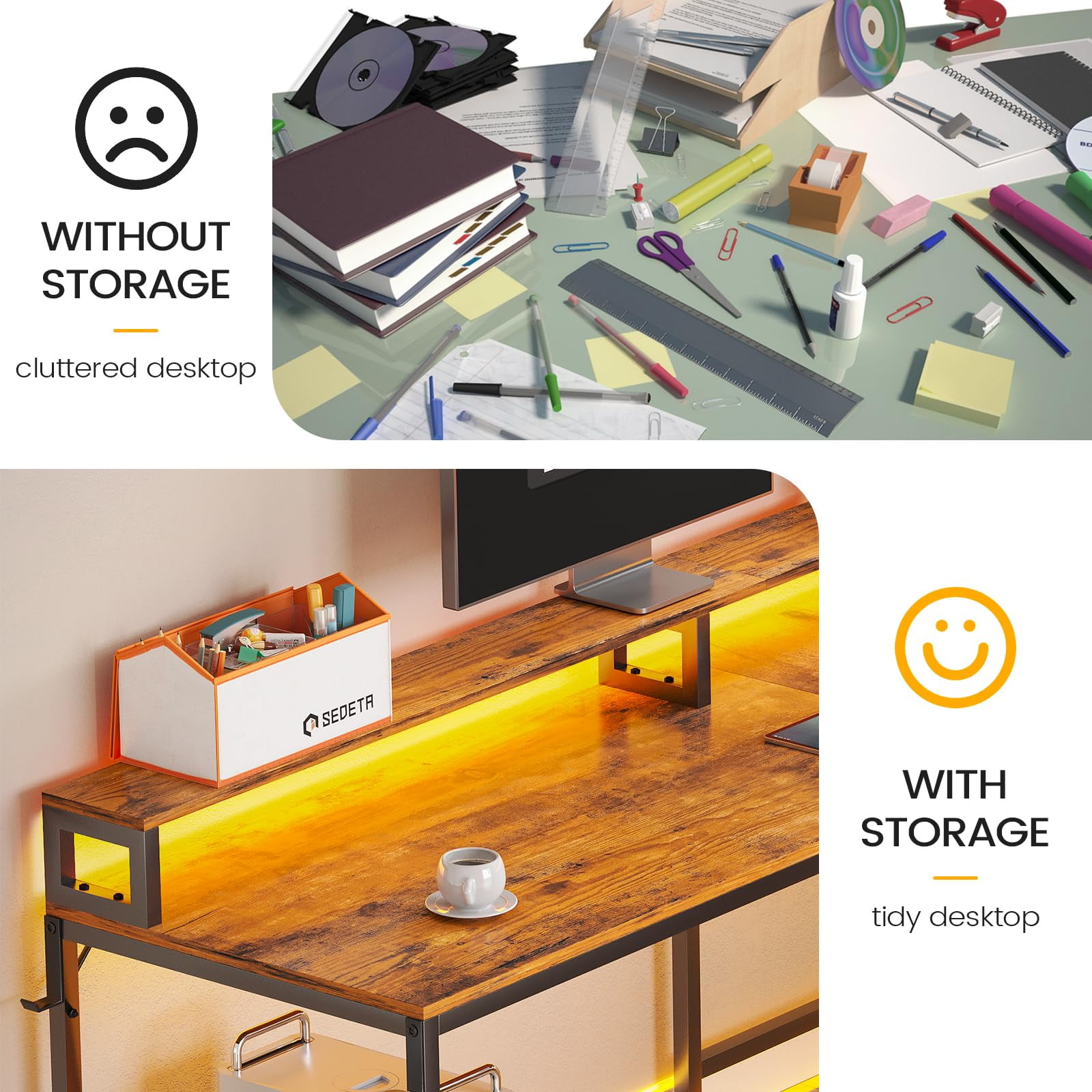L Shaped Desk with Power Outlet and LED Lights, Corner Computer Desk with File Drawer for Home Office,  Gaming Desk,  Rustic Brown