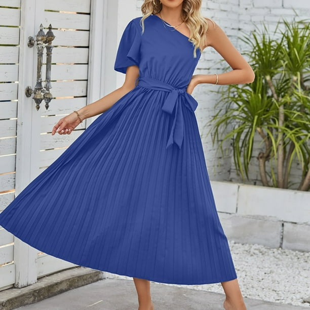 Vestido A Media Pierna Vestidos de playa para mujer Vestidos casuales con cuello de un hombro para cóctel (Azul M) Cgtredaw Para estrenar