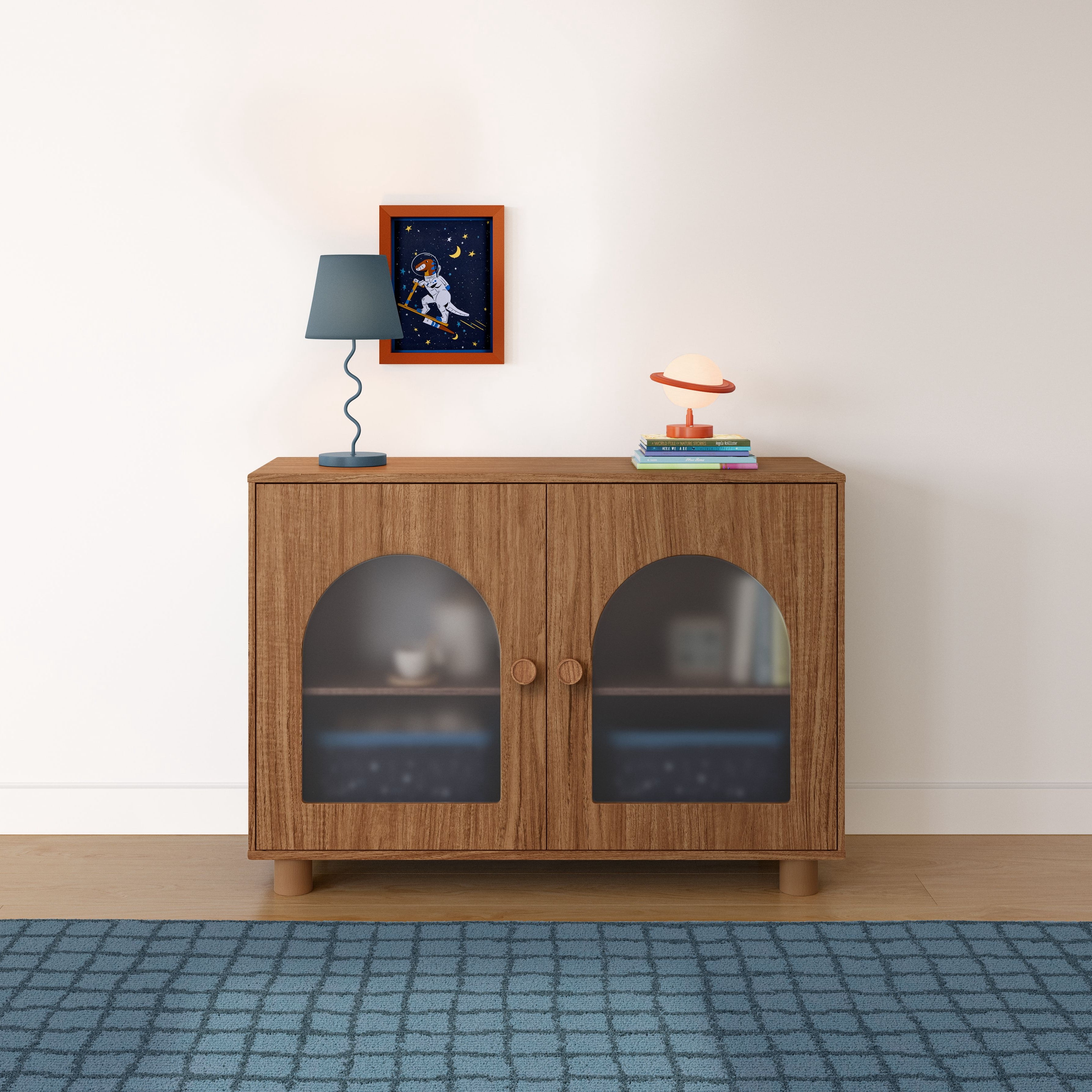 Mainstays Kids Arched Storage Accent Cabinet with Acrylic Doors, Warm Walnut
