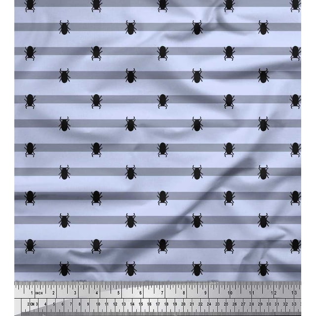 Soimoi Tissu en Soie Bleu Rayé & Insectes Coléoptères Imprimé 1 Yard 42 Pouces de Large