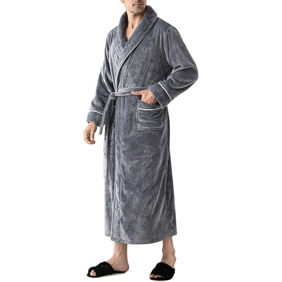 successthop Flannel Robe for Men Plus Size Long Bathrobe with Pockets Shawl Collar Loose Sleepwear Bath Belted Housecoat