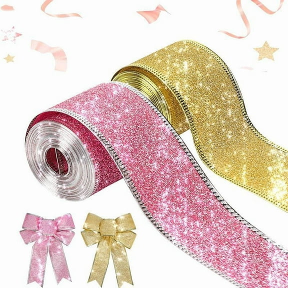 10yd 50mm Christmas Ribbon Wired Edge Glitter Ribbon for Gift Wrapping Xmas Tree Bowknot Wreath Ornament Decoration
