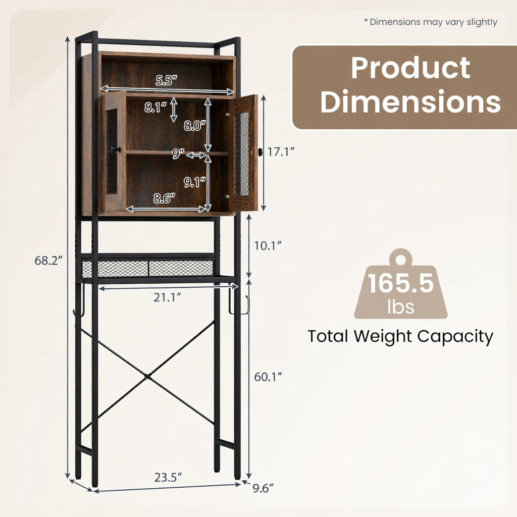Demi Bonn Toilet Storage Cabinet, Bathroom Cabinet Organizer, Over-The-Toilet Storage Cabinet with Heavy-Duty Metal Frame 2-door Freestanding, for Bathroom, Rustic Brown