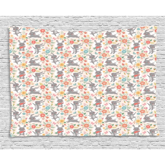 Spring Tapestry, Powder Puff Tailed Bunnies Jumping and Eating Tasty Carrots Around Flower Bouquets, Wall Hanging for Bedroom Living Room Dorm Decor, 80W X 60L Inches, Multicolor, by Ambesonne