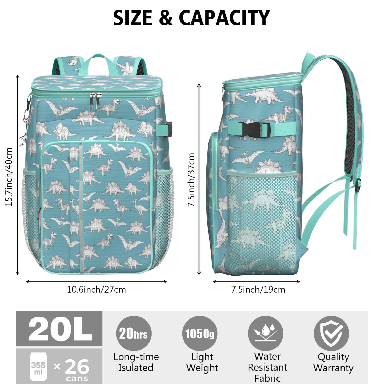 Travel Cooler Bag - Blue Dinosaurs Skeletons Pterosaurs Pattern Camping Beer Cooler Backpack with Bottle Opener- Waterproof Insulated Picnic Backpacks - Cooler Bag for Beach