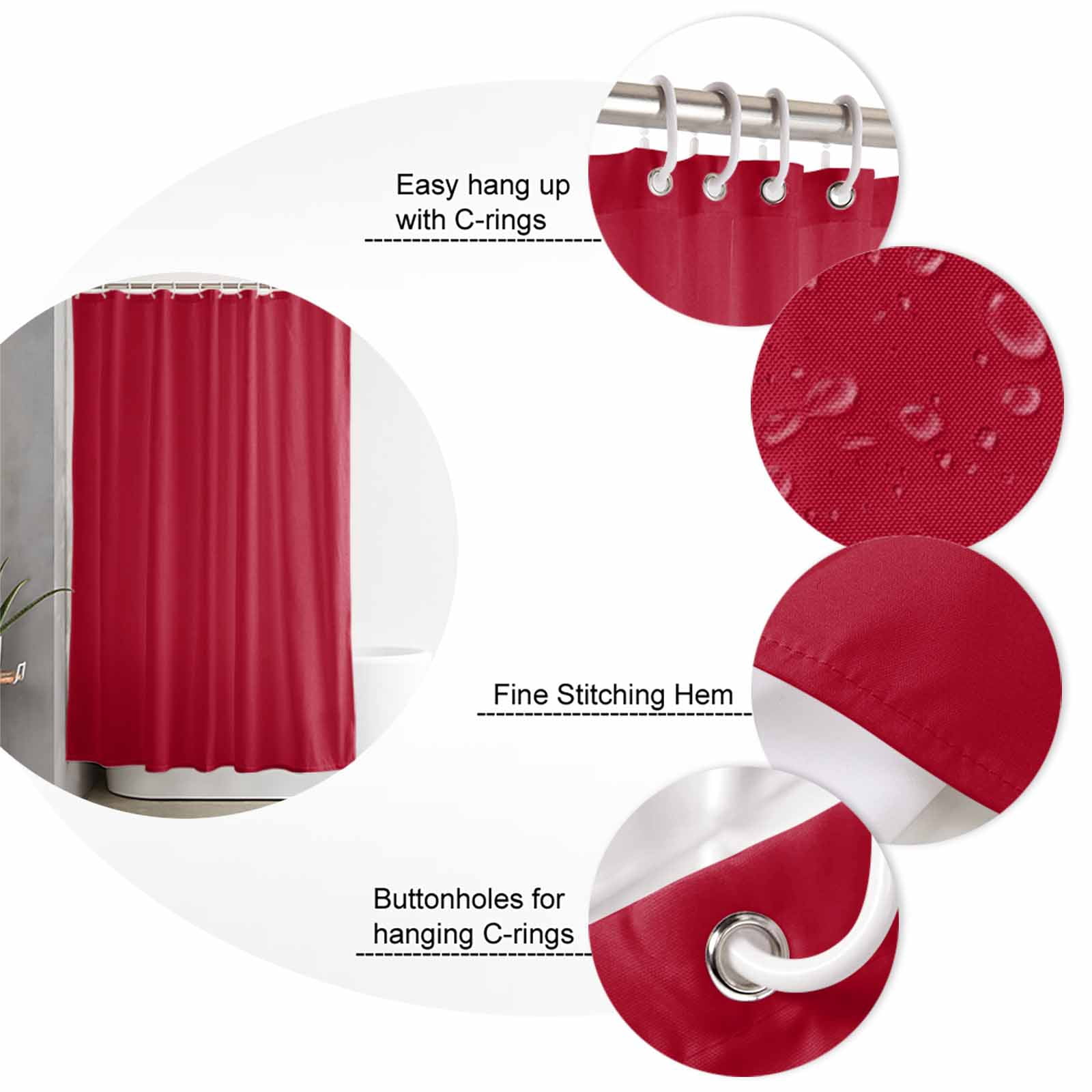 Solid Color Shower Curtain, 60" x 72", Red Waterproof Bathroom Curtain Washable Shower Curtain Set with 12 Hooks