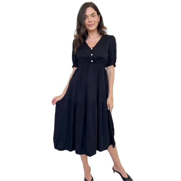 Women's Ruched V Neck Midi Dress with Half Sleeves and Ruffled Buttoned Details in Viscose 100% for Everyday Wear