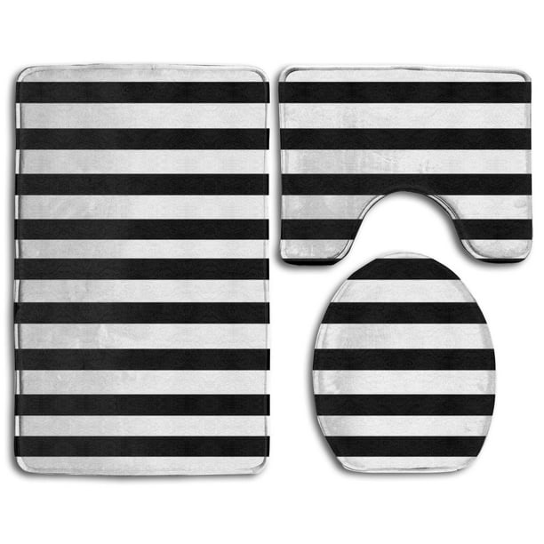 GOHAO Black and White Mosaic Vertical Stripes 3 Piece Bathroom Rugs Set