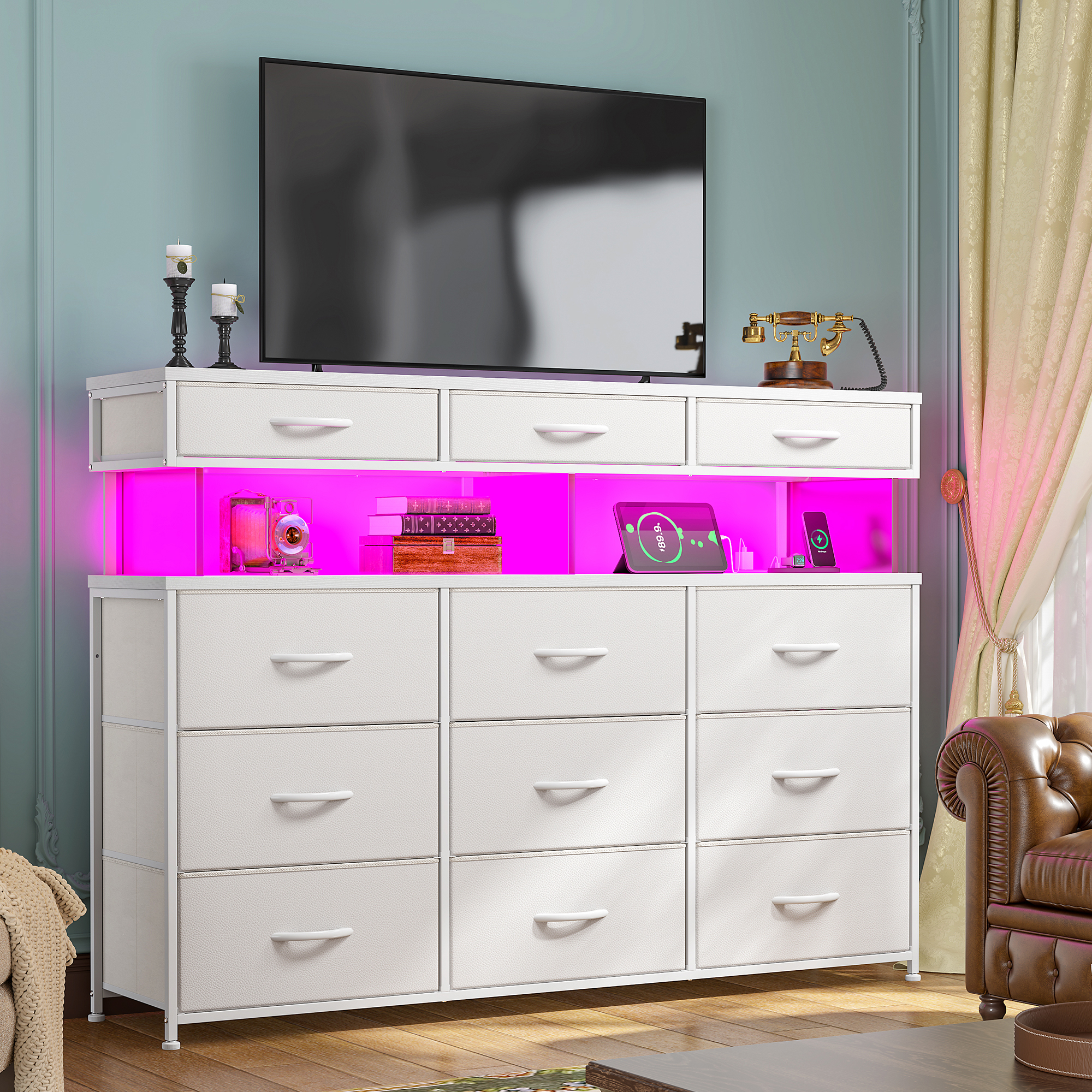 Romorgniz White Dresser for Bedroom with 12 Fabric Drawers Wide Dresser with LED Lights & Charging Station Chest of Drawers with Acrylic Sheet