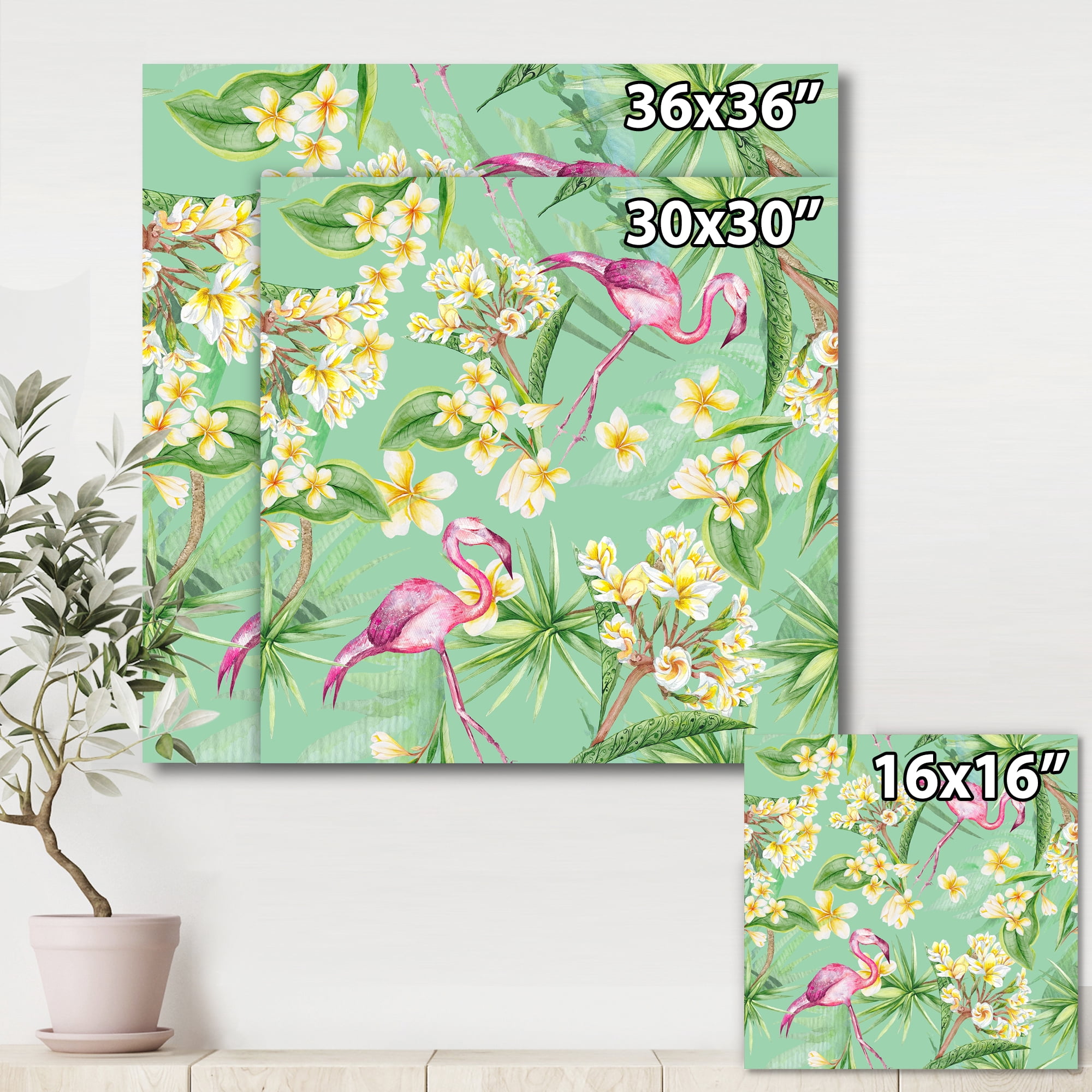 Designart ' Yellow Flowers, Tropical Foliage With Flamingo V ' Traditional Canvas Wall Art Print