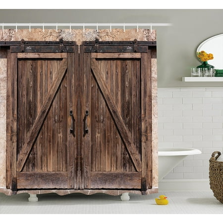 Rustic Shower Curtain By Wooden Barn Door In Stone Farmhouse