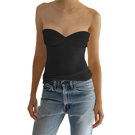 

Women Strapless Lace Frill Tube Crop Top Sleeveless Low Cut Bandeau Cami Off Shoulder Bustier Y2k Fashion Vest