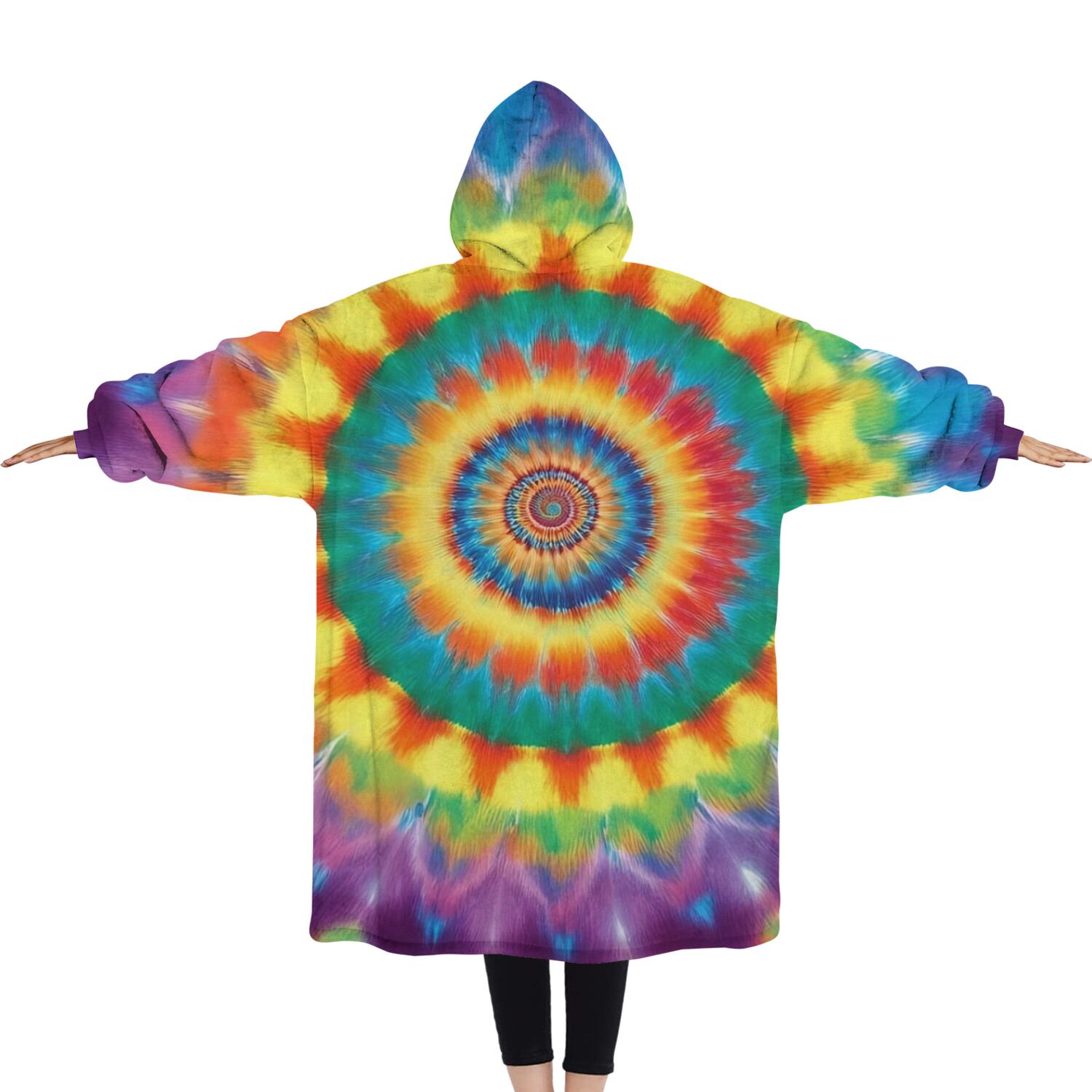 Oversized Wearable Blanket Hoodie,Colorful Rainbow Tie Dye Spiral Pattern Sherpa Blanket Hoodie with Super Pockets,Super Warm Fuzzy Pullover for Women & Men