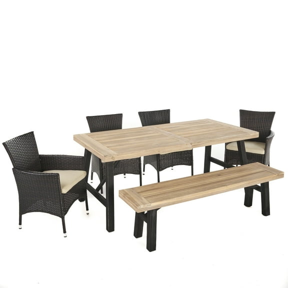 GDF Studio Bruna Outdoor Wicker and Acacia Wood 6 Piece Dining Set with Bench, Brushed Gray, Multibrown, and Beige