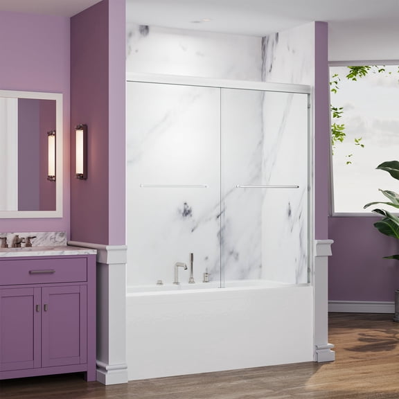 Sunrinx Brushed Nickel 56–60" W x 58" H Double Sliding Bathtub Shower Door, Semi-Frameless Bathroom Glass Shower Door, 1/4" (6mm) Tempered Bathtub Glass Sliding Shower Door