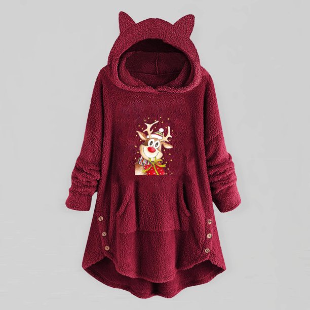 Pntutb Mujer Casual Navidad Impresión Felpa Botones Manga Larga Con Capucha Felpa Abrigo top Selecciones Flash Pntutb Pntutb-5385