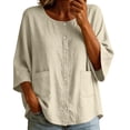 thumbnail image 4 of Turilly Women's Casual Cotton Linen 3/4 Sleeve Button Up T-Shirts Solid Color Loose Fit Open Front Top with Pockets, 4 of 6