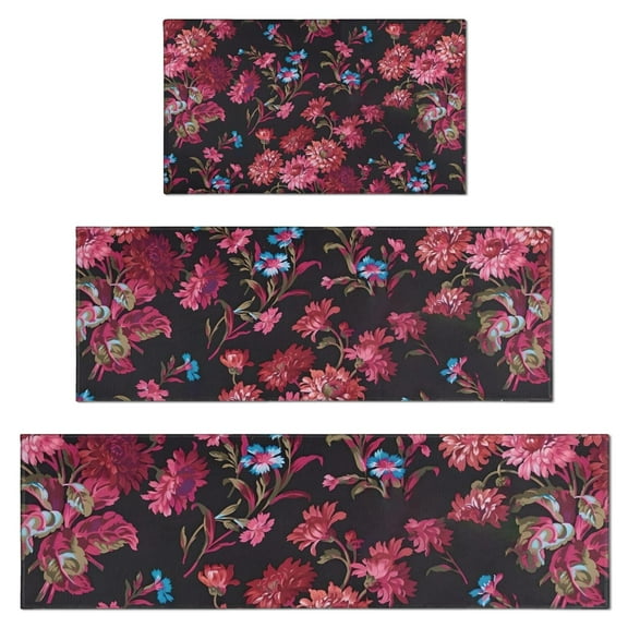 Pioneer Flower Floral Print Pattern Kitchen Rugs Sets Of 3,Kitchen Runner Rugs Non Skid Washable,Decorative Kitchen Floor Mats for Kitchen,Sink,Laundry,17"x30" 17"x47" 17"x59"