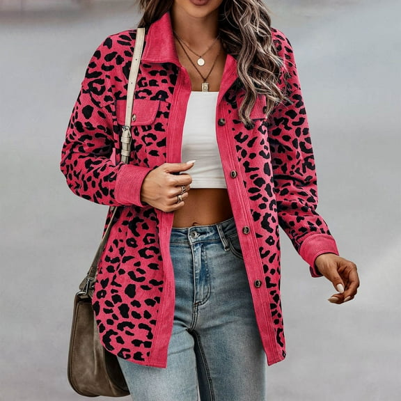 Azrian Clearance Tops Plus Size Women's New Leopard Print Button Long Sleeve Jacket Shirt Coat