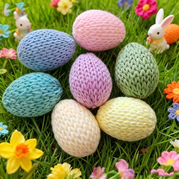 Crochet Easter Eggs - 7 Pieces Knitteds, Spring Party Favors with Pastel Colors, Decorative Eggs with Material, Holiday Accessory, Craft Ornament for Home Dining Workplace(Q)