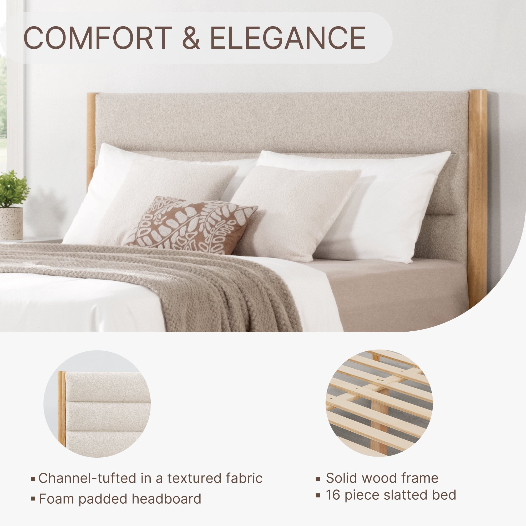 Spruce & Spring Upholstered Solid Wood Platform Bed Frame with Headboard Oatmeal, Full