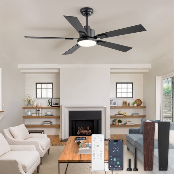 Lokivas 52in Ceiling Fan with Light and Remote & App Control, Adjustable Downrod Mount, 6 Speeds, Reversible, Black