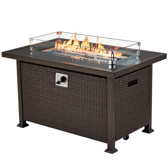 Homrest 44in Outdoor Propane Gas Fire Pit Table, 50,000 BTU with Glass Wind Guard, Brown PE Rattan