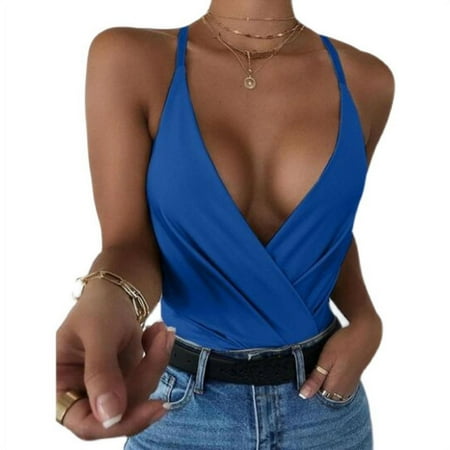 

New Women s V Neck Sling Solid Color Sexy Cross Top