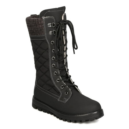 - New Women Refresh Polar-01 Mixed Media Mid-Calf Quilted Lace Up Winter Boot