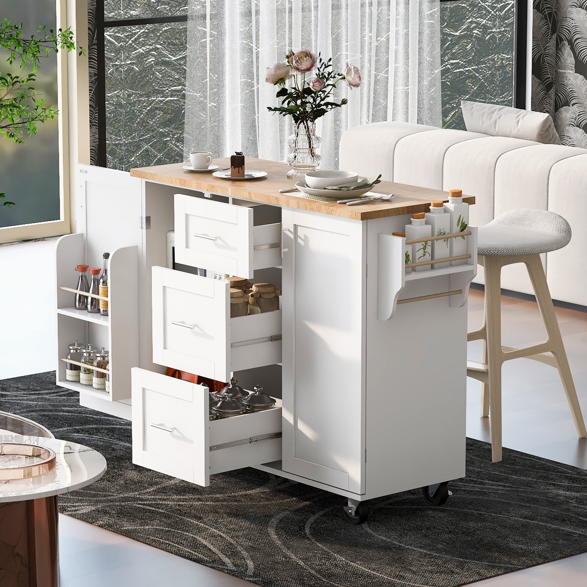 DEALTOPS 43” L Rolling Kitchen Island with Top, 3 Drawer, 2 Shelf and Internal Storage Rack-White