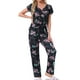 thumbnail image 2 of Pijamas para mujeres INSPIRE CHIC, camiseta de cuello en V de manga corta con pantalones de tiro ajustable, conjuntos de lounge impresos con bolsillos, L negro floral, 2 of 5