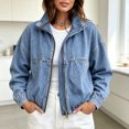 thumbnail image 5 of Karymi Womens Tops Dressy Casual Zip Up Stand Collar Denim Jacket, Long Sleeve Elastic Hem Jean Coat with Patch Pockets, Casual Vintage Outerwear for Spring Fall Tops for Women Trendy, 5 of 9