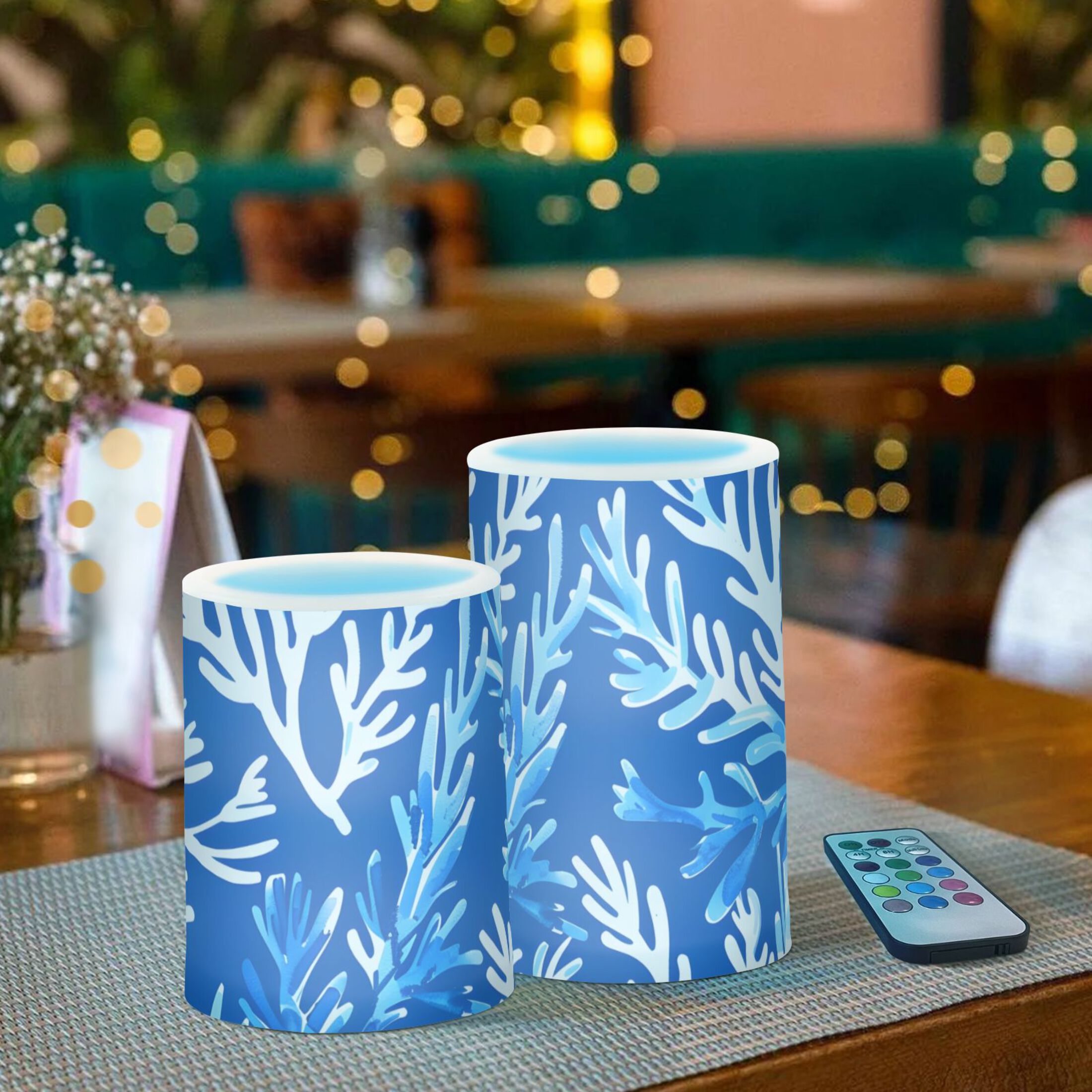 Blue Corals Flickering Flameless Candles LED Tealight Battery Operated with Remote Set of 2 Holiday Decor Ornaments