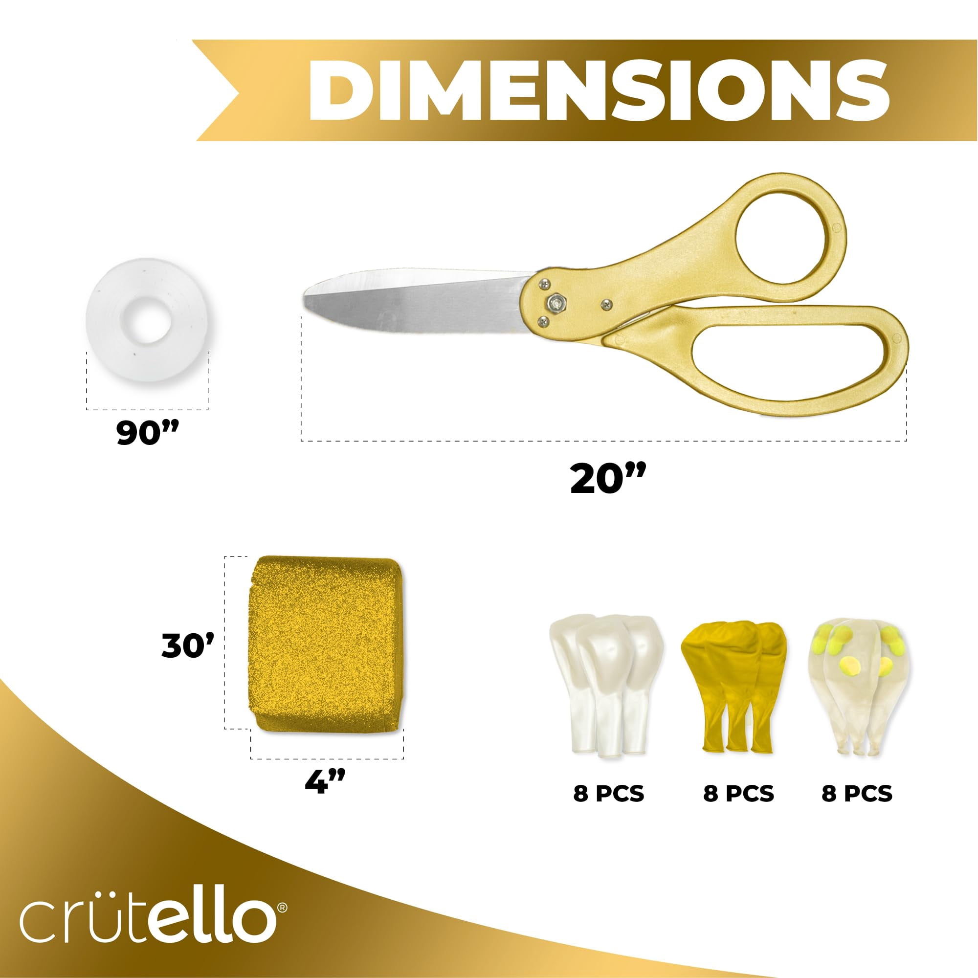Crutello Ribbon Cutting Ceremony Kit - 20"Giant Scissors with Gold Handle, 30ft Sparkle Giant Gold Ribbon 4"Wide, 24 Balloons & 90ft Balloon Band for Grand Opening Decorations