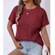 thumbnail image 3 of Mujeres de Verano Tops Nuevo Color Sólido Cuello en V Manga Corta con una Hendidura en el Doblado, Poliéster, 3 of 6