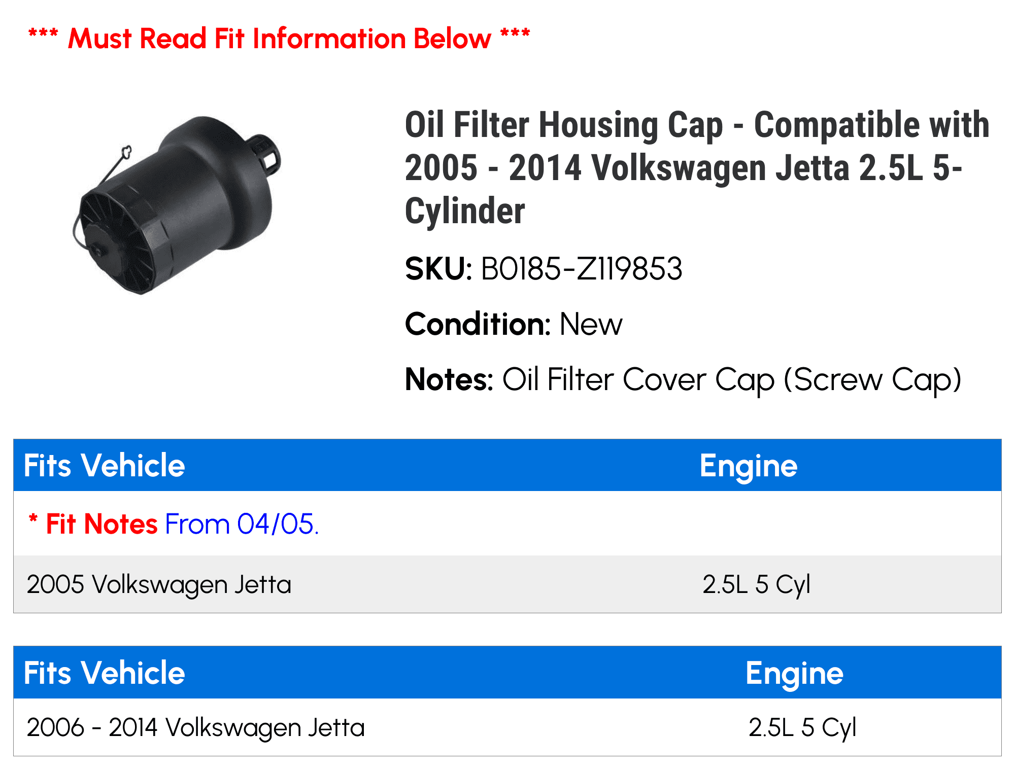 Oil Filter Housing Cap - Compatible with 2005 - 2014 Volkswagen Jetta 2.5L 5-Cylinder 2006 2007 2008 2009 2010 2011 2012 2013