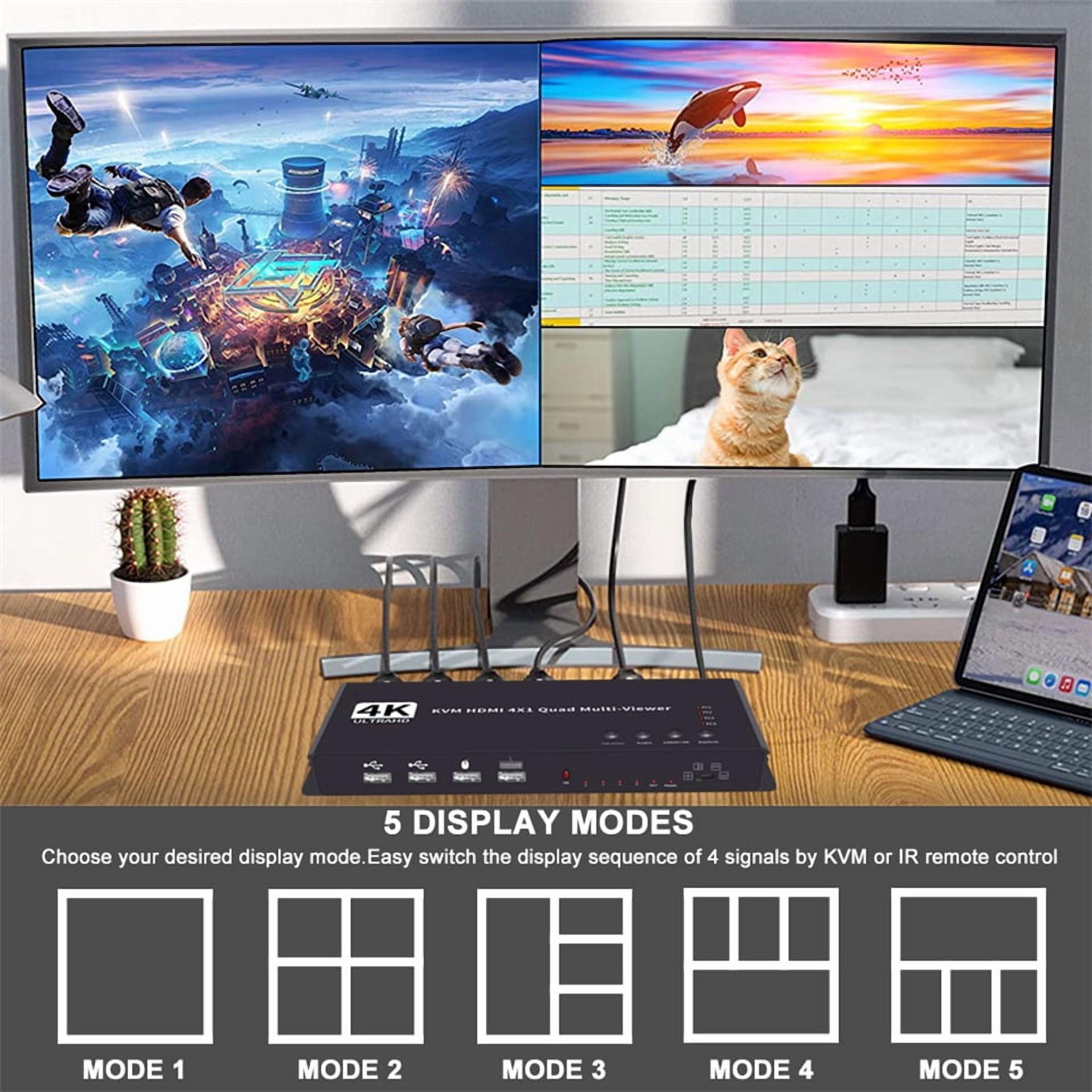 AUBEAMTO 4K HDMI KVM Switch 4x1 Quad Multi Viewer 4 in 1 Out KVM HDMI Processor Screen Multiviewer Seamless for 4 PC Share Mouse Keyboard