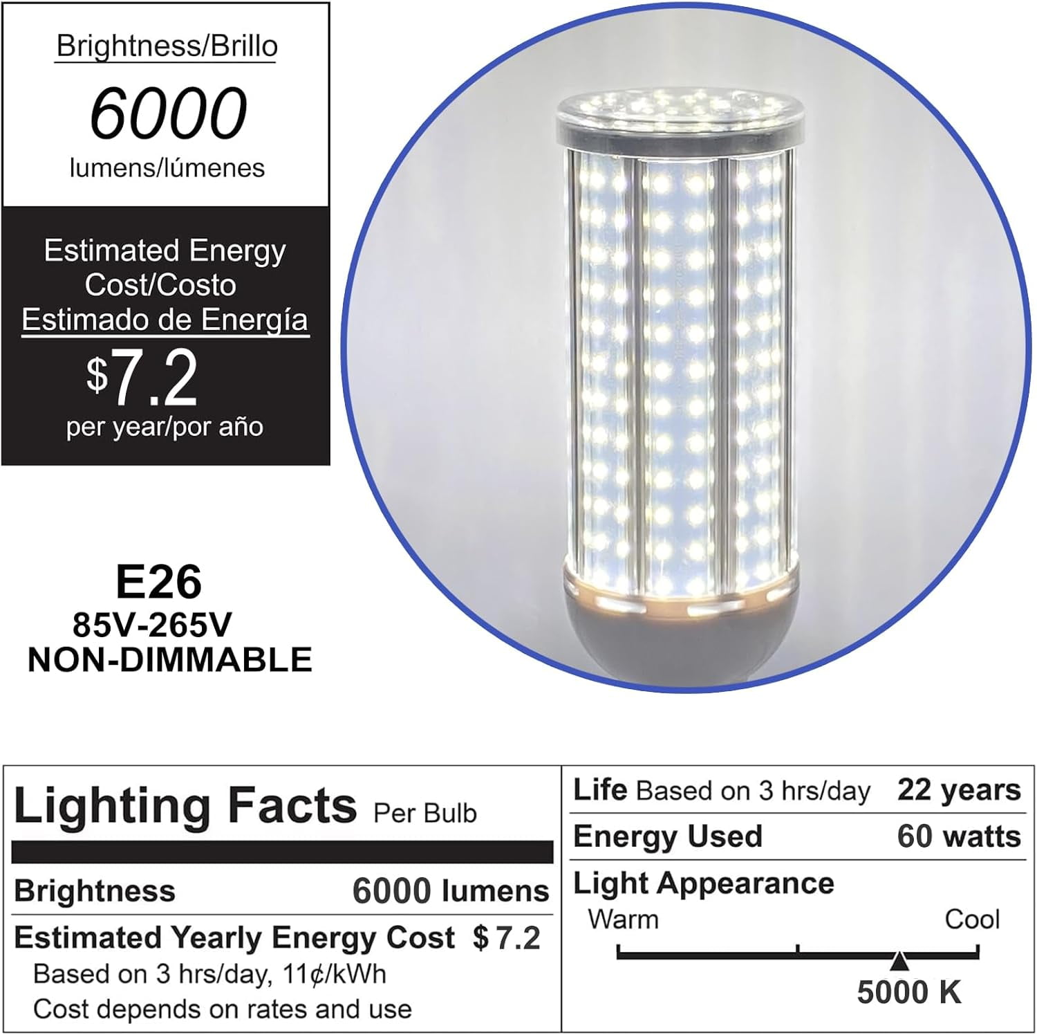 2 Pack 600W Equivalent LED Corn Light Bulb 6000 Lumen 5000K Daylight White E26 Medium Base 60W Corn Light Bulbs for Outdoor Indoor Garage Warehouse Factory Workshop
