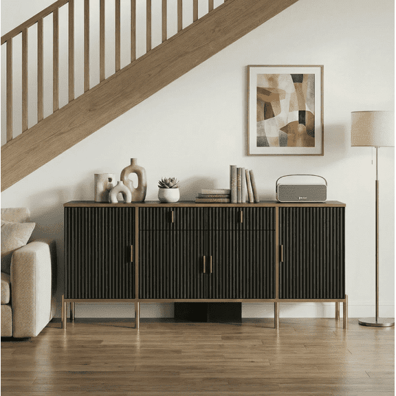 Easoger 60" Sideboard Buffet Cabinet with Gold Accents, Modern Fluted Storage Cabinet for Living Room Dining Room, Adjustable Shelves,Black