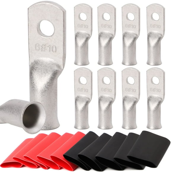 TKDMR 10 Pcs 6 Crampons en Fil de Cuivre de Qualité Marine AWG-10, avec Tuyauterie Rétractable 3:1, Embouts de Câble de Batterie UL, Crampons de Câble Robustes, Illets en Cuivre Teintés, Bornes Tubulaires