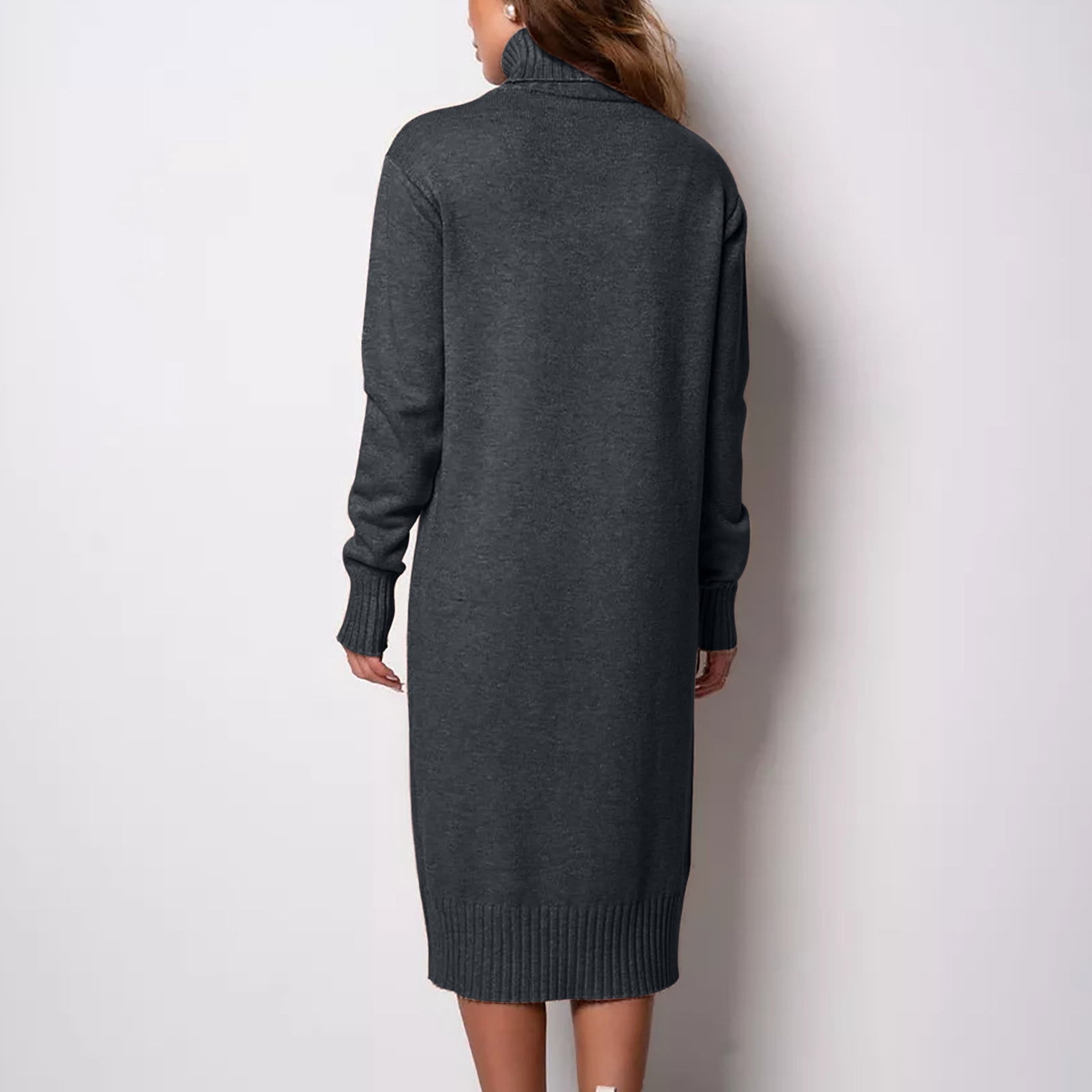 Arnsht Womens Fall and Winter Elegant Fleece Sweater Dresses Solid Color Loose Turtleneck Dress Long Sleeve Knitted Skirt Gray S