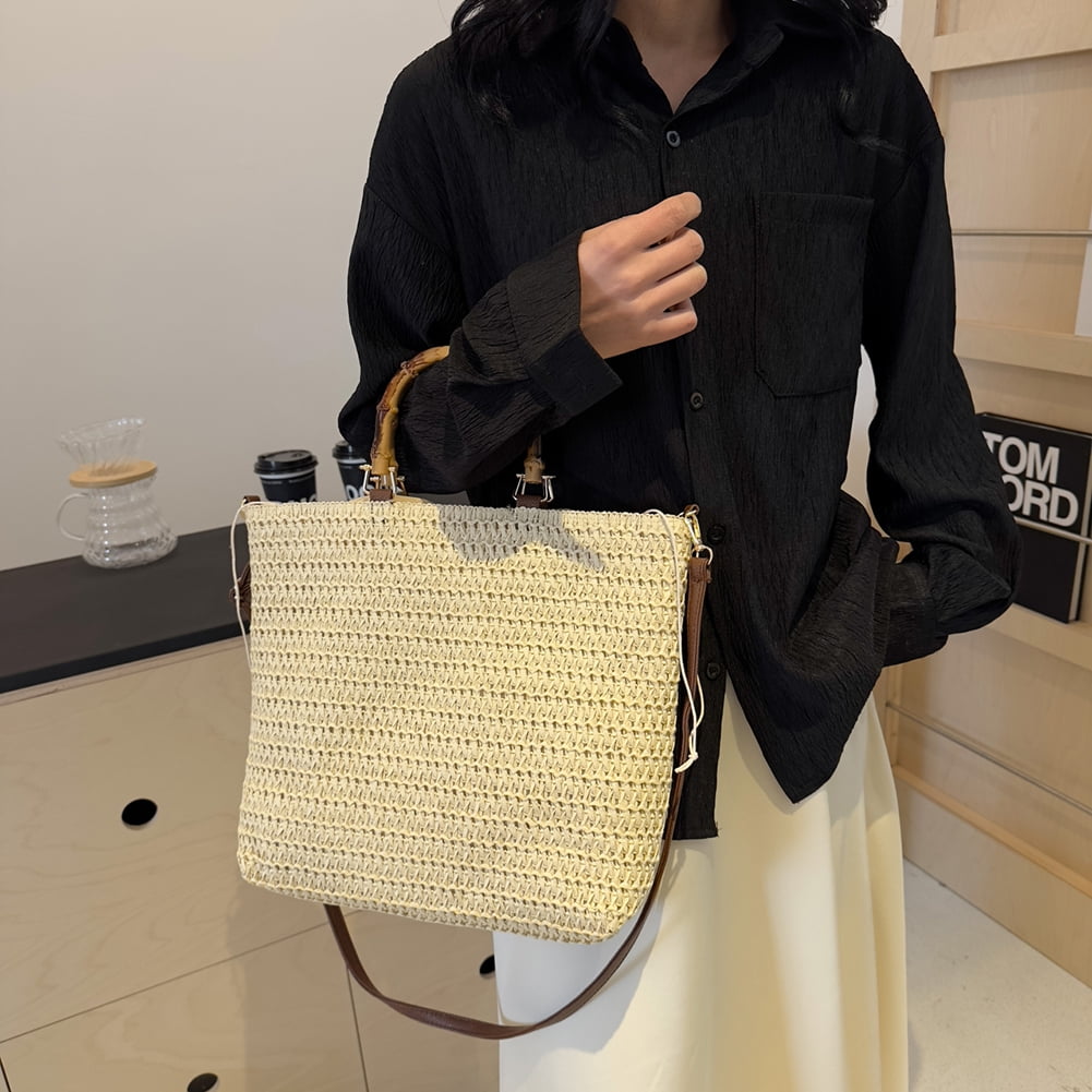 Women Straw Woven Handbag with Bamboo Handle Tote Clutch Bags for Seaside(Beige) Shoulder Bags for Women