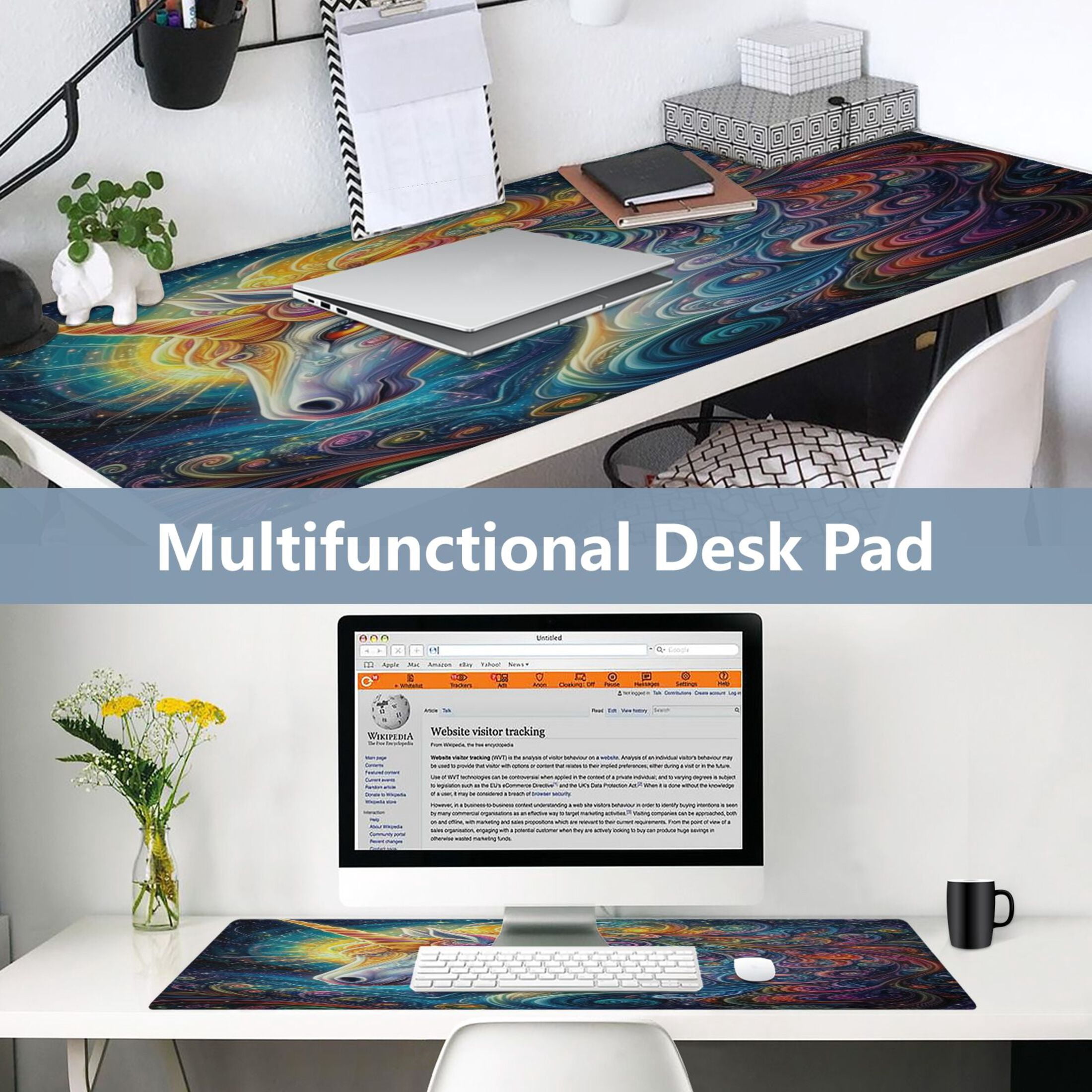 Leather Keyboard and Mouse Desk Mat Office Desk Accessories Protective Office Desk Decor Desk Pad Mat for Gaming, Work from Home, Office Psychedelic Art Unicorn 16.5" x 35.4"