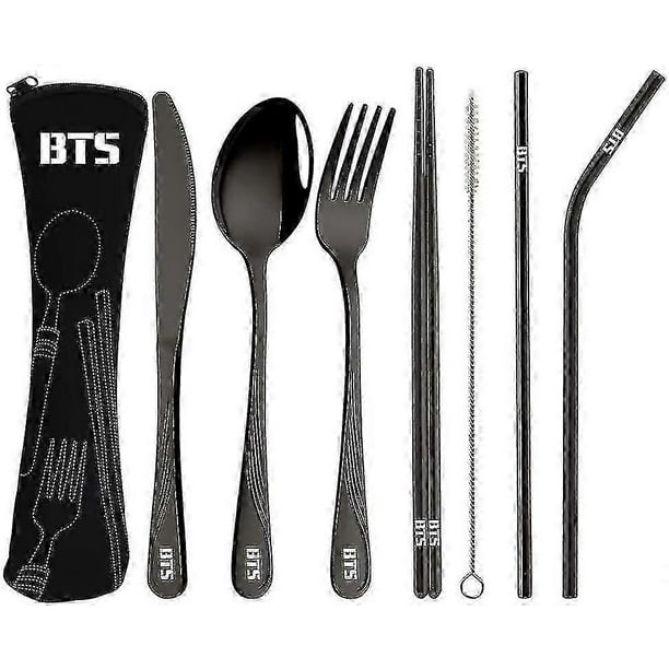 Portable Lunch Cutlery Sets-strawStraight StrawKnifeForkSpoonChopsticksCleaning Brush 8 Piece Bts Merchandise Bangtan Boys Merch Trav