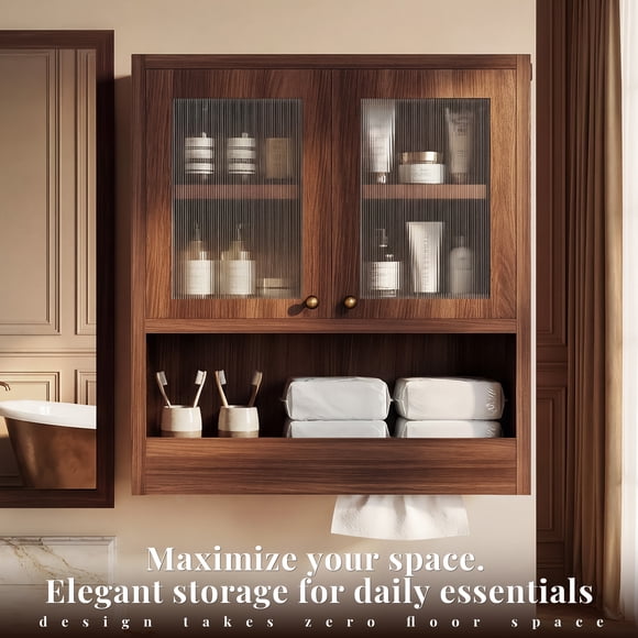 OMCHOM 24.4" Wall Mounted Storage Cabinet Wall Hanging Storage Organizer with 2-Tier Double Door Cabinet and Drawer Shelf, Saving Space Mount Furniture for Bathroom Organization, Walnut