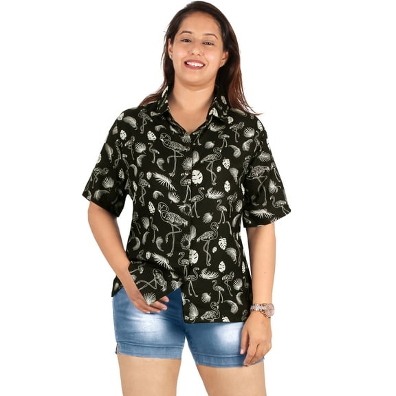 HAPPY BAY Women's Casual Beach Hawaiian Blouses Shirt Tropical Blouse Short Sleeve Button Up Dress Tops Tee Shirts Dresses for Women XL Flamingo Leaf, Black