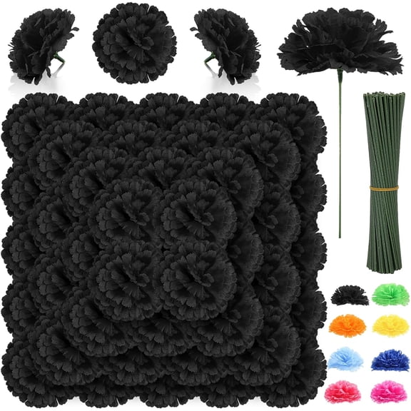 108pcs Carnation Head Flowers with Stem, Black Artificial Flowers Carnations, 3.5" Silk Carnation Fake Flower for Funeral Arrangements Wedding Bouquets Centerpieces Cemetery Wreaths Gothic Party Deco