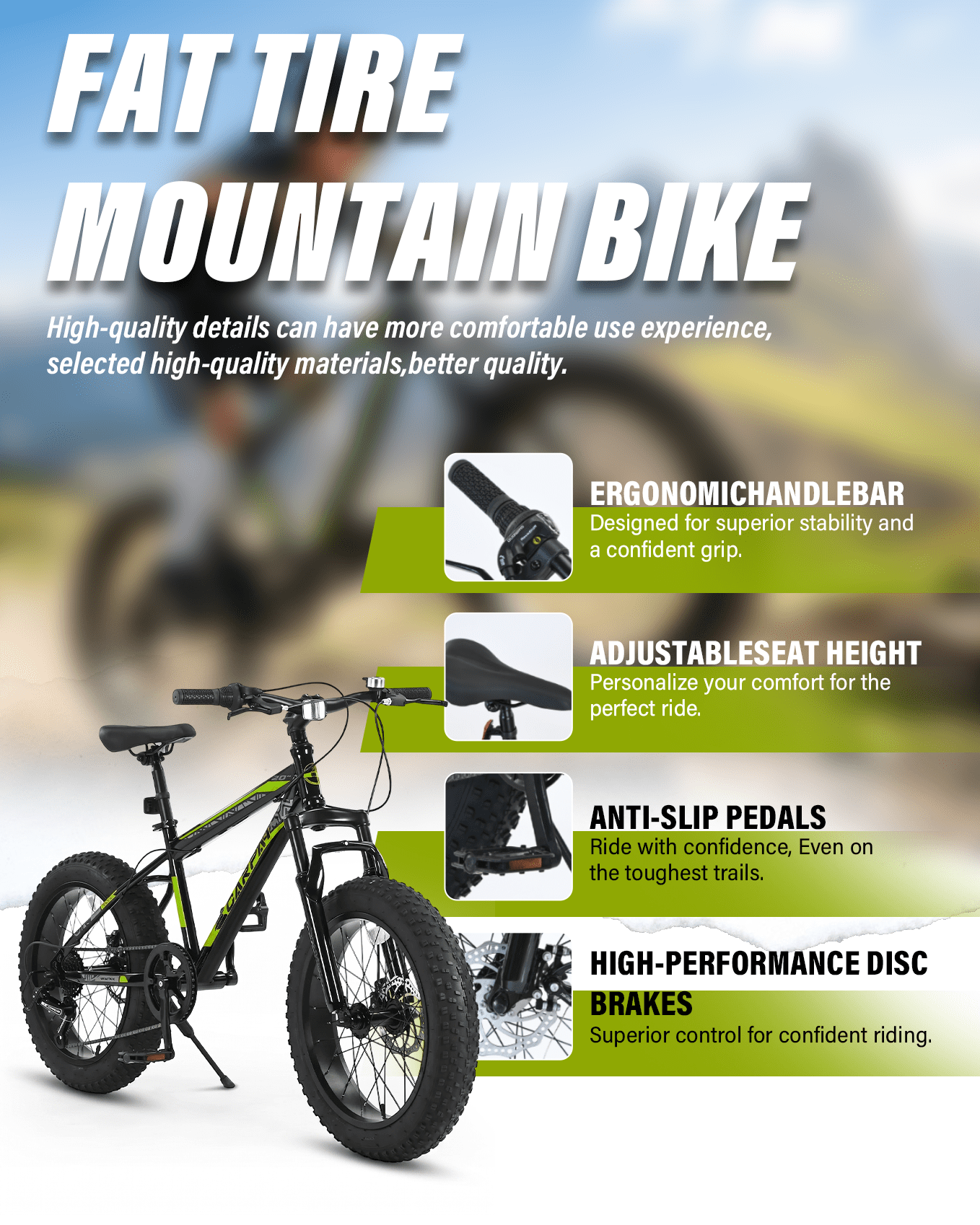 20 inch Fat Tire Mountain Bike for kids and Teen, Outdoor Cycling Bike with 7-Speed for Boys Girls, High Carbon Steel Frame, Dual Disc Brake, 20x4.0 Wide Tires, Suspension Fork, Anti-Slip Bikes