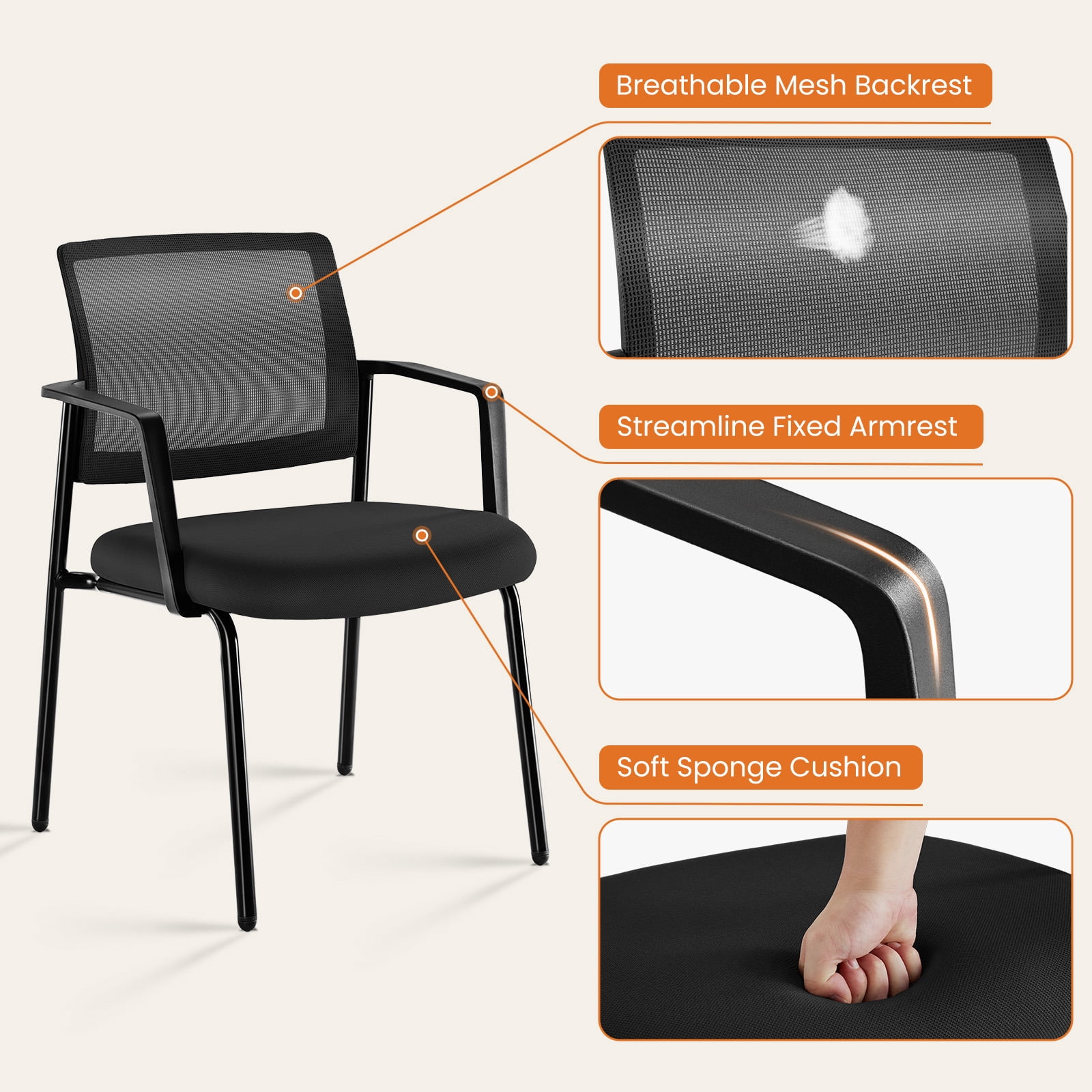 YYAo Mesh Back Stacking Task Chair with Upholstered Fabric and Sturdy Metal, Office Chair Ergonomic Desk Chair for Home Ofiice, Living Room, Study Room, Bedroom, Black
