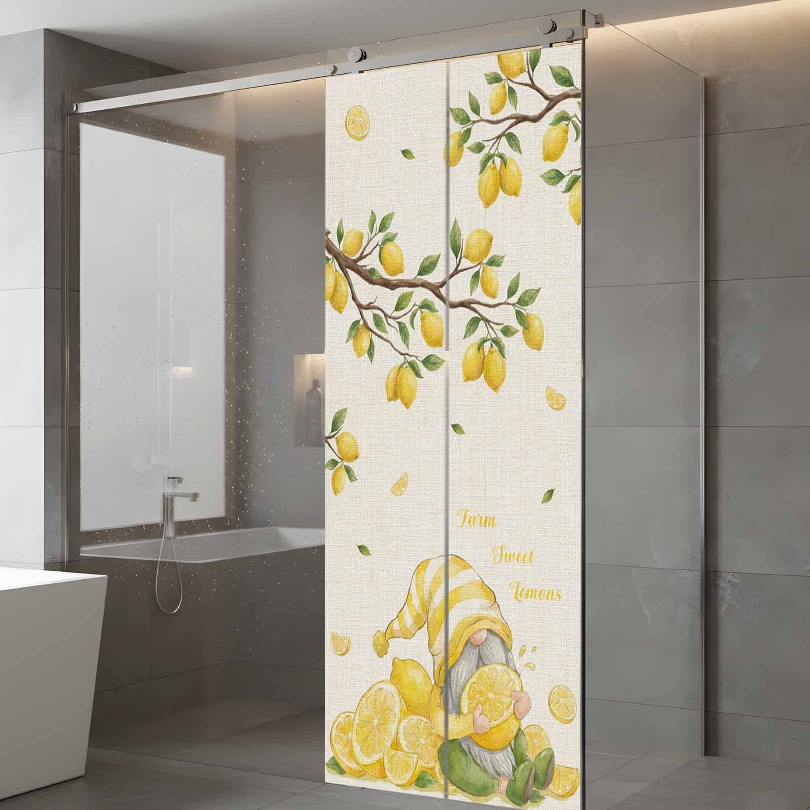 Summer Vintage Gnome Lemon Window Privacy Film, Country Farm Yellow Lemon Tree Leaf Frosted Glass Window Clings Static Cling UV Heat Blocking Reusable Door Sticker for Bathroom 23.6 x 59 Inch